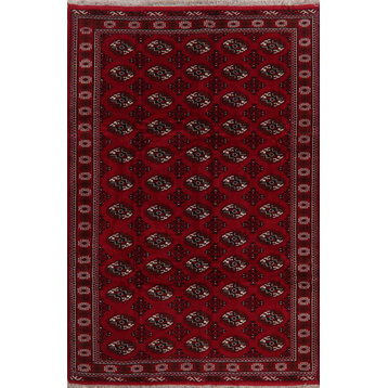 Geometric Area Rug Wool Hand-Knotted Oriental Carpet for Dining Room, Red, 7x10
