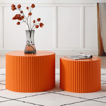 Set of 2 Modern Coffee Table, Round Design With Surrounding Line Accents, Orange