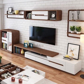 Pinkle Modern Extendable TV Stand White & Walnut with Storage & Bookshelf & Draw