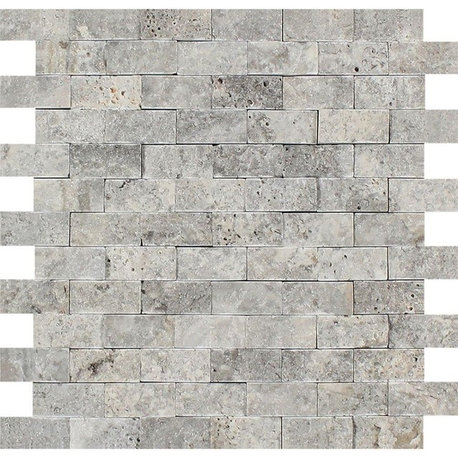 Silver Travertine Brick Mosaic, 1 X 2 Split-Faced