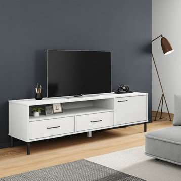 vidaXL TV Stand TV Console TV Unit with Metal Legs White Solid Wood Pine OSLO