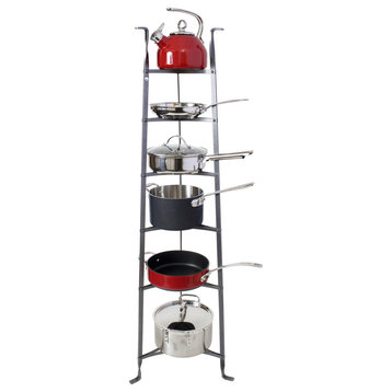 Handcrafted 6-Tier Gourmet Cookware Stand wAlder Wood Shelves Hammered Steel