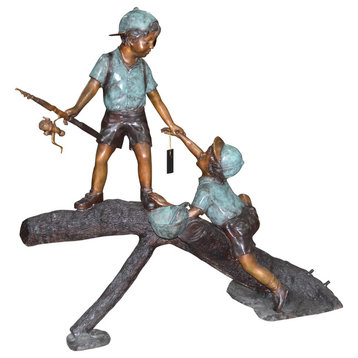 Two Boys Fishing on Tree Log Bronze Fountain -  Size: 53"L x 25"W x 47"H.