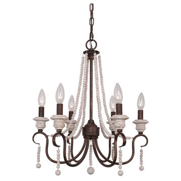 6-Light French Country chandelier With Wood Bead Strings Distressed Wood, Rusty