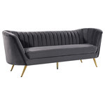 Meridian Furniture - Margo Velvet Upholstered Set, Gray, Sofa - Lean back and lounge in luxurious style on this stunning Margo grey velvet sofa by Meridian Furniture. This contemporary sofa features plush velvet upholstery that is both classy and sumptuous against your skin, a single seat cushion and rounded arms that curve into a low, rounded back, creating a perfect, modern piece for your home. Gold stainless steel legs support this sofa and provide stunning contrast to the sofa's plush, grey fabric.