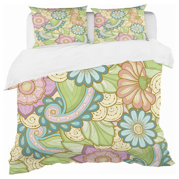 Pattern With Stylized Flowers Bohemian and Eclectic Duvet Cover, Twin