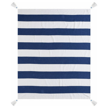 Blue and White Knitted Cotton Striped Throw Blanket