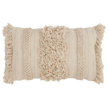 Bohemian Fringe Stripe Natural Decorative Throw Pillow, 12"x20"