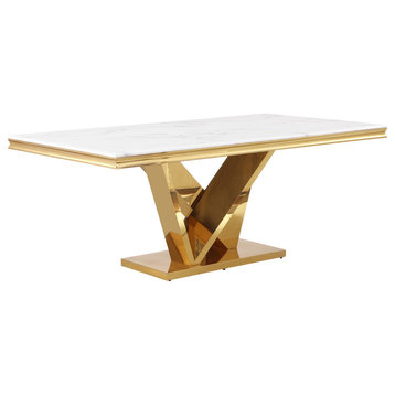 Thiago White Rectangular Stone Dining Table, Gold