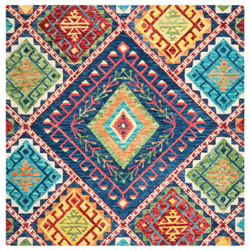 Unique Bohemian Area Rug, Wool With Blue/Multicolor Diamond Pattern, 9' Square