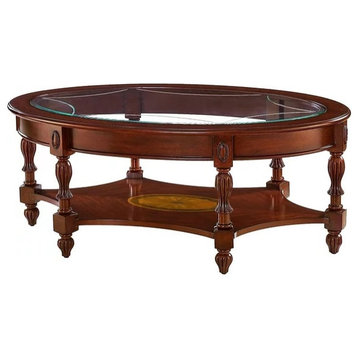 Modern Coffee Table, Wood Construction With Carved Legs & Glass Top, Dark Brown