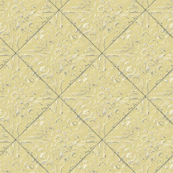 3119-13093 Brandi Yellow Metallic Faux Tile Prepasted Non Woven Blend Wallpaper