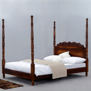 Queen Anne Solid Wood 4-Poster Platform Bed Frame w Headboard