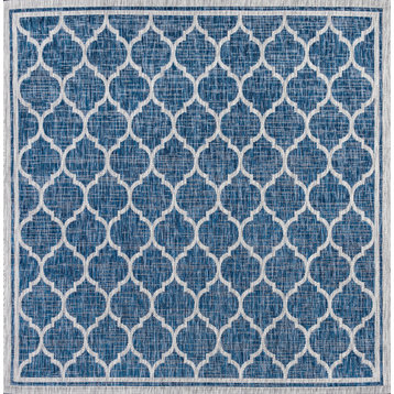 Trebol Moroccan Trellis Textured Weave Indoor/Outdoor, Navy/Gray, 5'3" Square