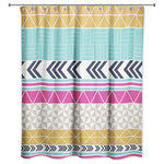 DDCG - Boho Stripe Pattern Shower Curtain - Create tribal look in your bathroom with our Boho Stripe Pattern Shower Curtain. This colorful shower curtain features a striped pattern design in turquoise, pink, mustartd yellow, black and white.  The fabric shower curtain includes 12 eyelets for hanging and is made of softened polyester fabric. This unique shower curtain is designed, printed and assembled in the U.S.A. Shower curtains are made stitched enforced eyelits for hanging. Grommets, hooks and rod are not included.