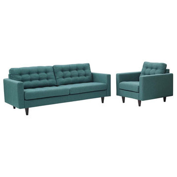 Modway Empress Modern Fabric 2-Piece Sofa Set in Teal Blue Finish