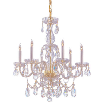 Traditional Crystal 6 Light Polished Brass Hand Cut Crystal Chandelier