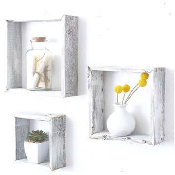 HomeRoots Set of 3 Square Rustic White Wash Wood Shelve