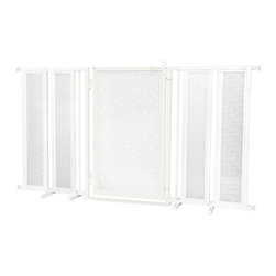 Fusion Gates - 71.5"-74" White Pearl Fusion Gate with Linear Lace in White Design - Dog Gates