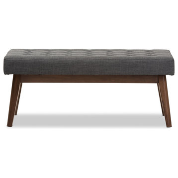 Elia Mid-Century Modern Walnut Wood Dark Gray Fabric Button-Tufted Bench