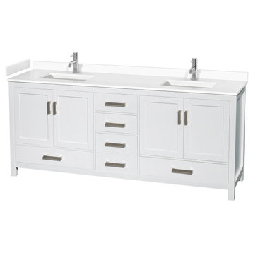 Sheffield 80" Double Vanity, White, White Marble Top, Square No Mirror