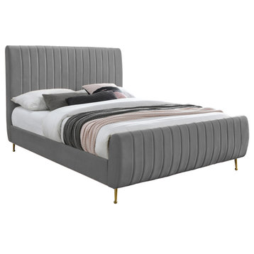 Zara Channel Tufted Velvet Upholstered Bed With Custom Gold Legs, Gray, King