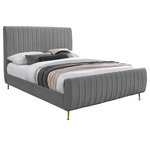 Meridian Furniture - Zara Channel Tufted Velvet Upholstered Bed With Custom Gold Legs, Gray, King - Slip into the lap of luxury with this Zara Velvet Bed. This beautiful king bed is padded to the max on its headboard and footboard for a look that is nothing short of upscale. The luxe design is amplified by the bed's rich grey velvet upholstery and its deep detailed channel tufting, which also serves to keep the interior padding aloft, full, and comfortable while you relax or unwind in bed. The bed has gold legs for a regal touch, and it comes with slats, so it doesn't require a box spring.