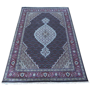 5x7'2 Handmade Persian Black Mahi Tabriz Oriental Rug Wool and Silk