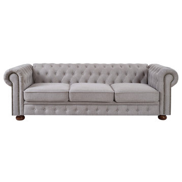 Gewnee Chesterfield sofa beige linen fabric, Light Grey