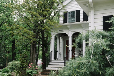 Example of a classic white one-story wood flat roof design in Other