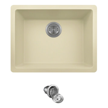 808 Dual-mount Single Bowl Quartz Kitchen Sink, Beige, Basket Strainer