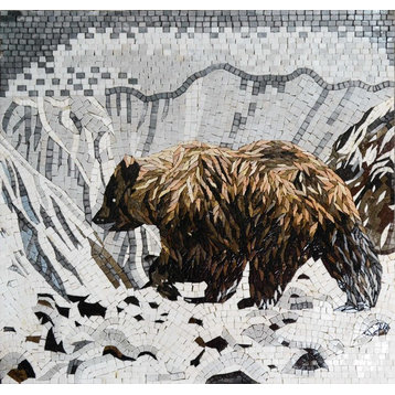 Mosaic Animal Art, Grizzly Bear In The Snow, 60"x60"