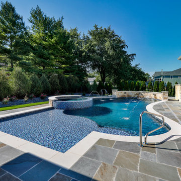 Naperville, IL freeform swimming pool with hot tub, large sunshelf, glass tile