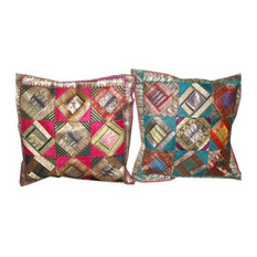 Mogul Interior - Sari Patch Cushion Cover Indian Handmade Pillow Case - Decorative Pillows