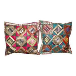 Mogul Interior - Sari Patch Cushion Cover Indian Handmade Pillow Case - Decorative Pillows