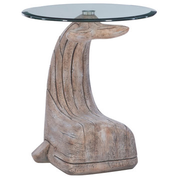 Linon Mabry Whale Sculptured Glass & Resin Rustic Accent Table in Driftwood