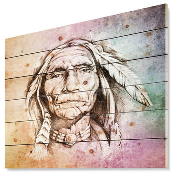 Designart American Indian Head Portrait Wood Wall Art 46x36