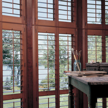 Heritance® hardwood shutters opened