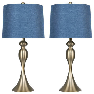27" Curvy Gold Plated Lamps, Moroccan Blue Textured Linen Shades, Set of 2