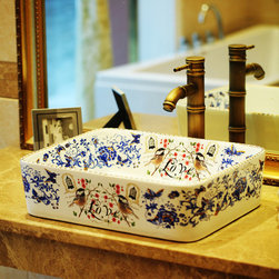 Hand Painted Rectangular Above Counter Ceramic Sink - Bathroom Sinks