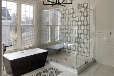 Inspiration for a large modern master white tile white floor bathroom remodel in DC Metro with a hinged shower door