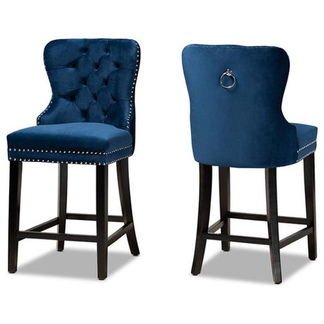 Howell Modern Transitional Navy Blue Velvet Upholstered and Dark Brown...