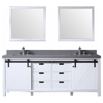 84 Inch White Double Sink Bathroom Vanity with Barndoors, Mirror, No Top