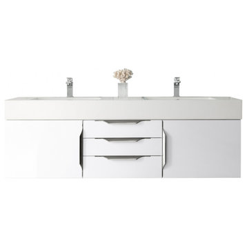 59 Inch White Floating Double Sink Bathroom Vanity Nickel Base, James Martin