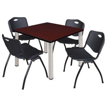 Kee 42" Square Breakroom Table- Mahogany/ Chrome & 4 'M' Stack Chairs- Black