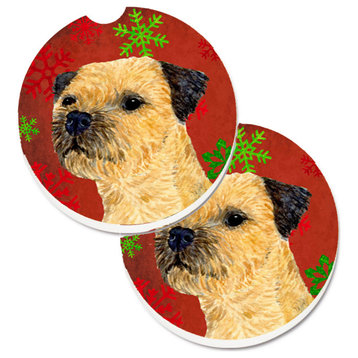 Border Terrier Red And Green Snowflakes Holiday Christmas Set Of 2 Cup Holder