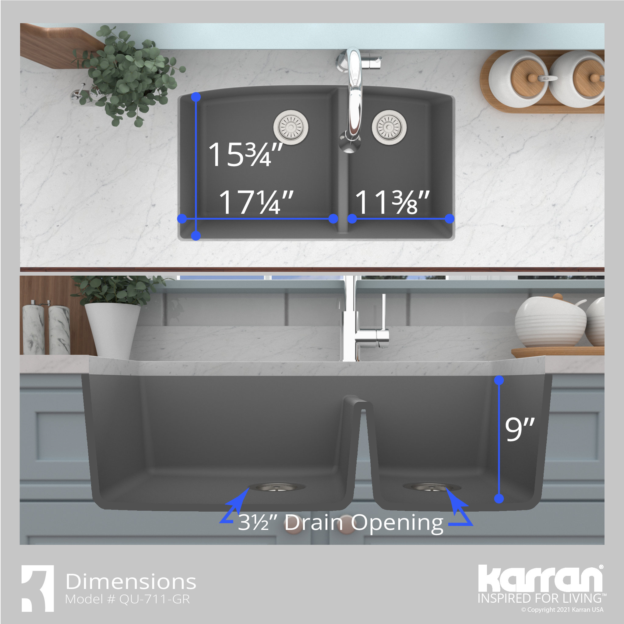 Karran Undermount Quartz 32" 60/40 Double Bowl Kitchen Sink, Grey