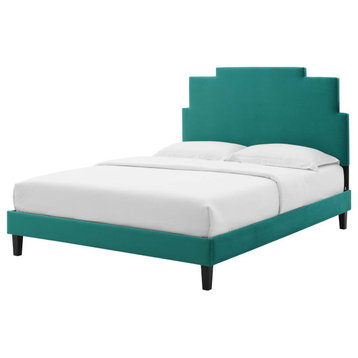 Platform Bed Frame, Twin Size, Velvet, Teal Blue, Modern Contemporary, Bedroom