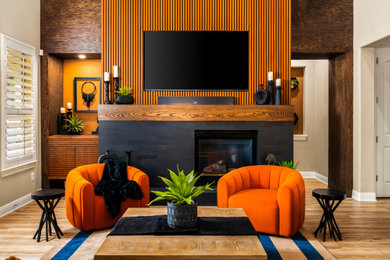 Large minimalist light wood floor living room photo in Austin