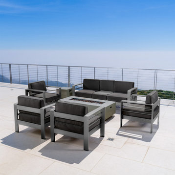GDF Studio 7-Piece Coral Bay Outdoor Gray Aluminum Sofa Chat Set With Fire Table, Light Gray